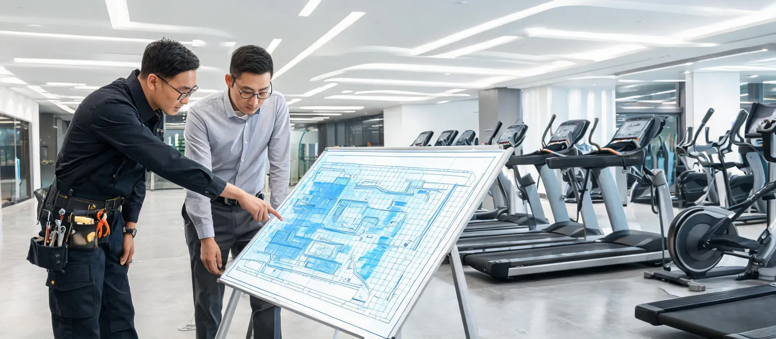 Technician reviewing commercial fitness equipment layout