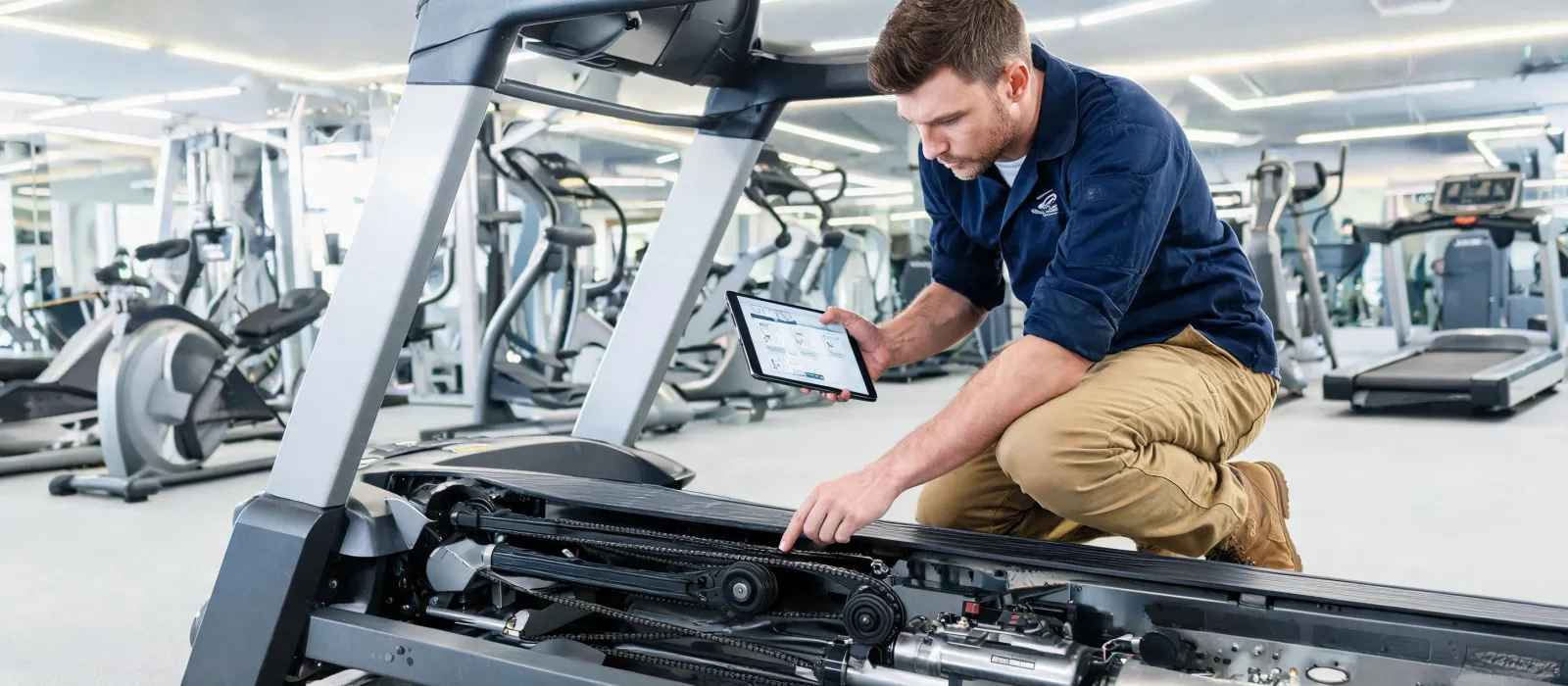 Service technician inspecting commercial treadmill
